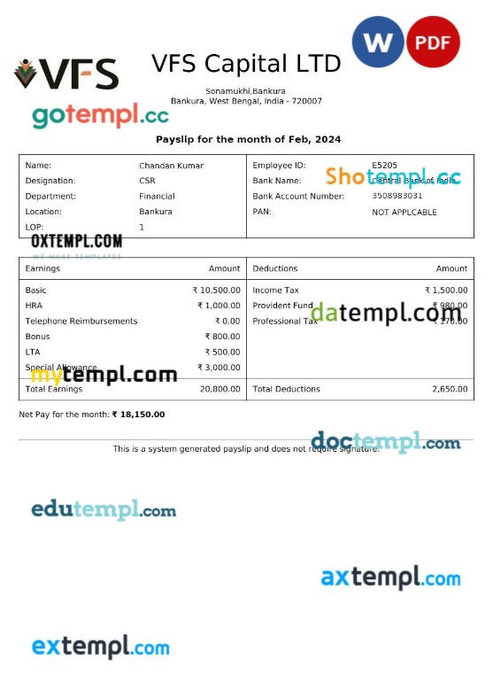 VFS Capital payslip template in Word and PDF formats