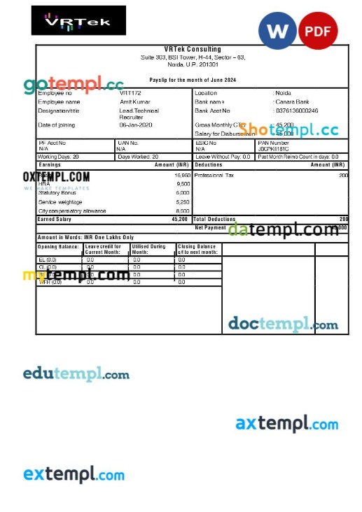 VRTek Consulting payslip template in Word and PDF formats