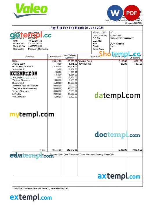 Valeo India payslip template in Word and PDF formats