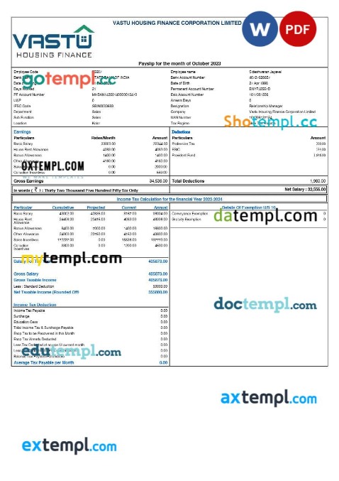 Vastu Housing Finance Corporation payslip template in Word and PDF formats