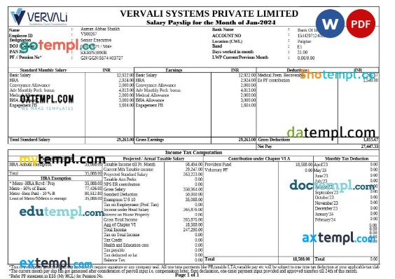 Vervali Systems software company payslip template in Word and PDF formats