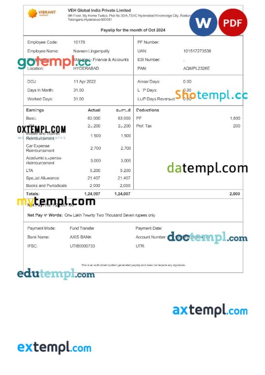 Vibrant Energy VEH Global India payslip template in Word and PDF formats