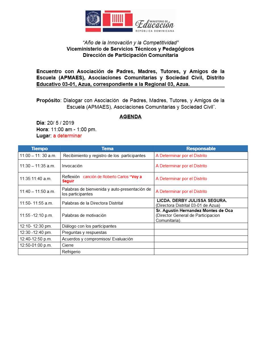 Vice Ministry of Technical and Pedagogical Services agenda template in Word and PDF formats