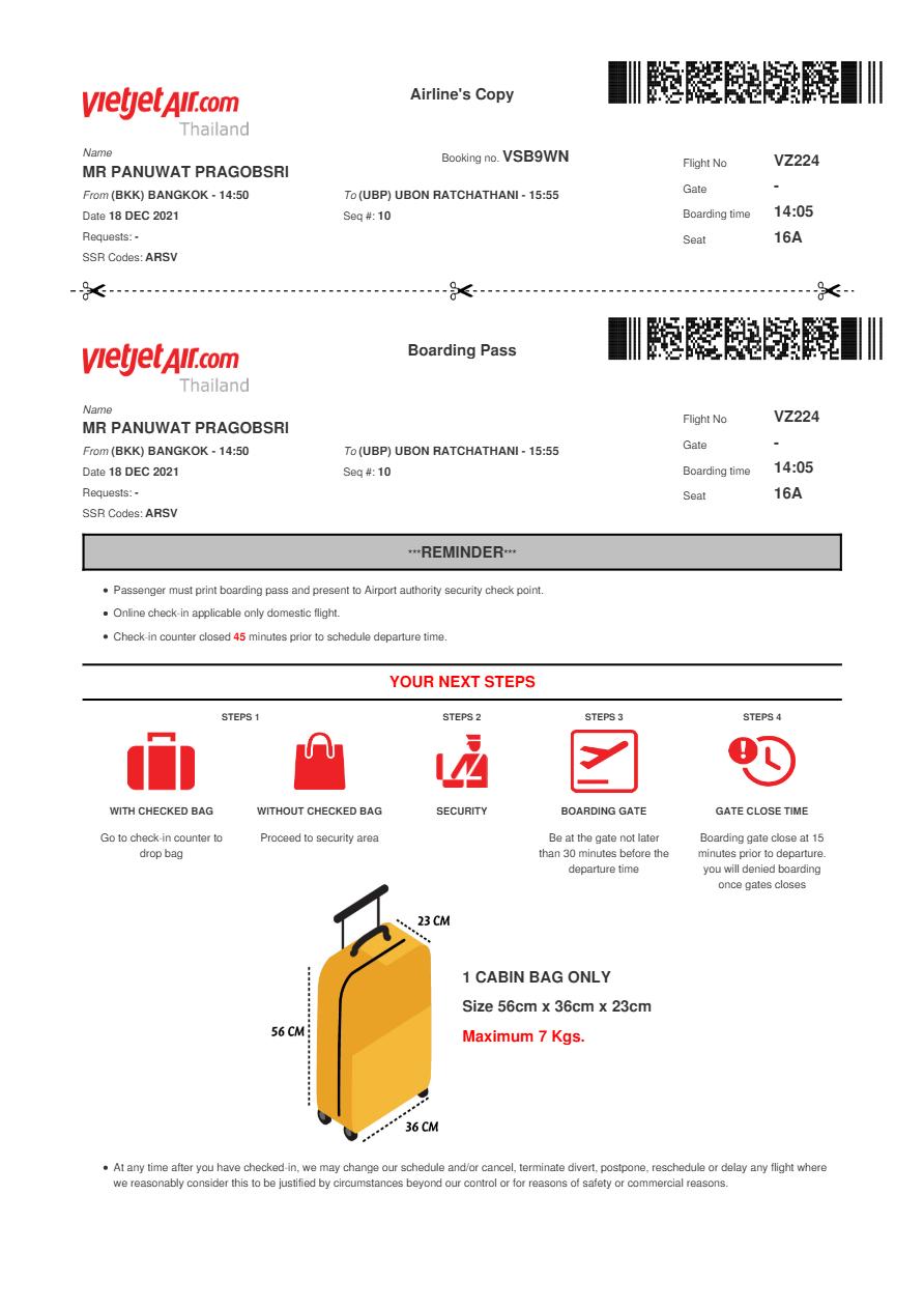 Vietjet Air boarding pass in Word and PDF formats