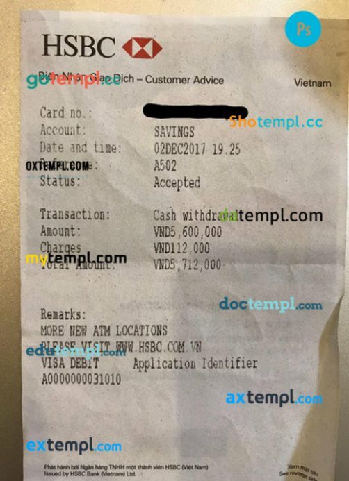 Vietnam HSBC bank receipt PSD template