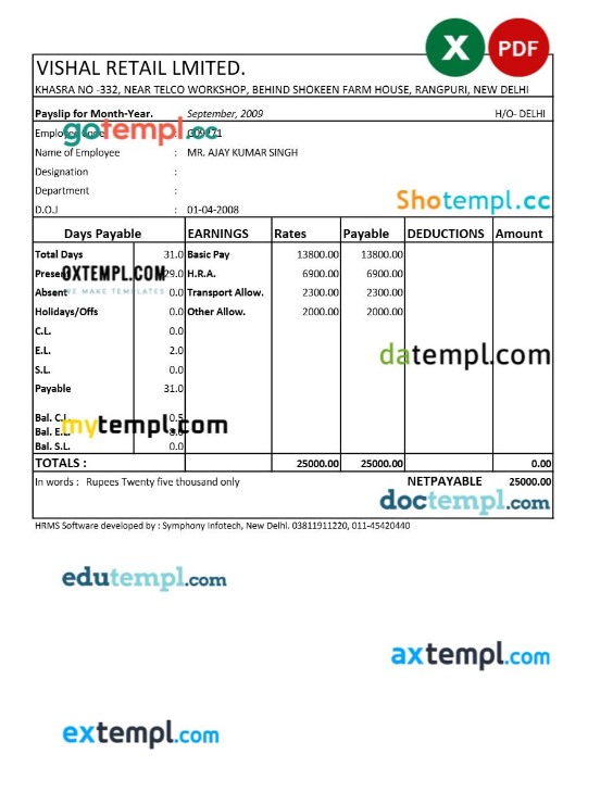 Vishal Retail LTD payslip template in Excel and PDF formats