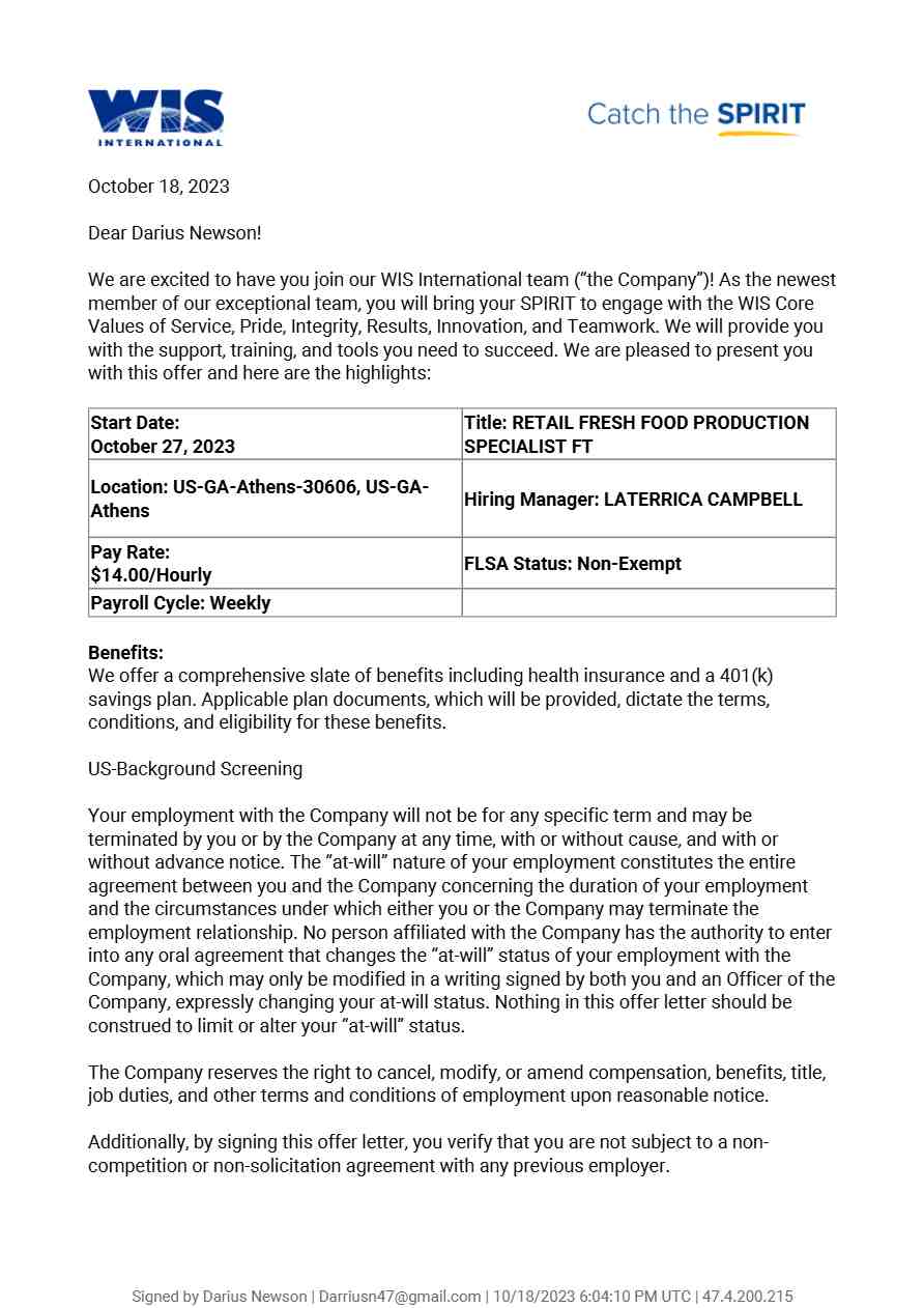 WIS International Retail fresh food production specialist ft offer letter in Word and Pdf formats