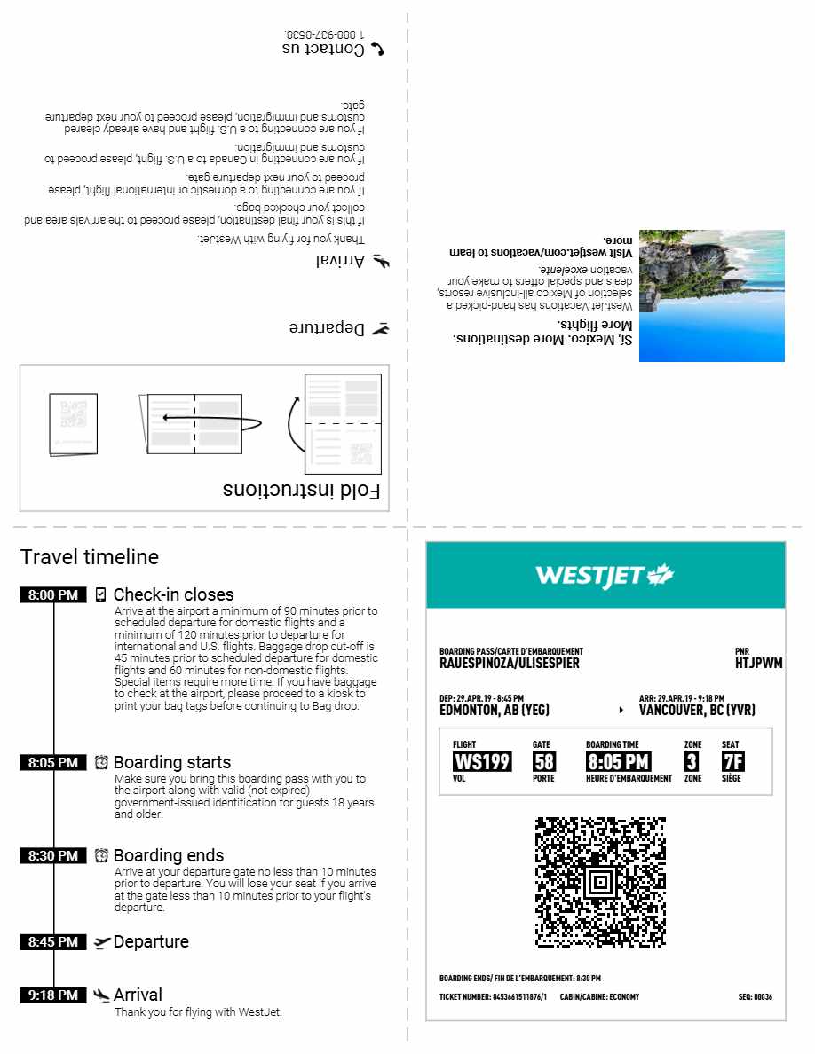 Westjet boarding pass in Word and PDF formats