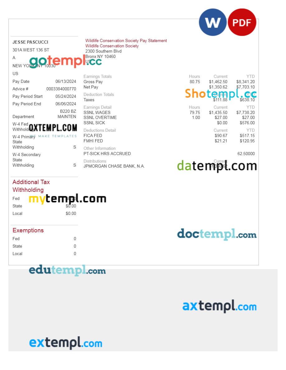 Wildlife Conservation Society pay statement template in Word and PDF formats