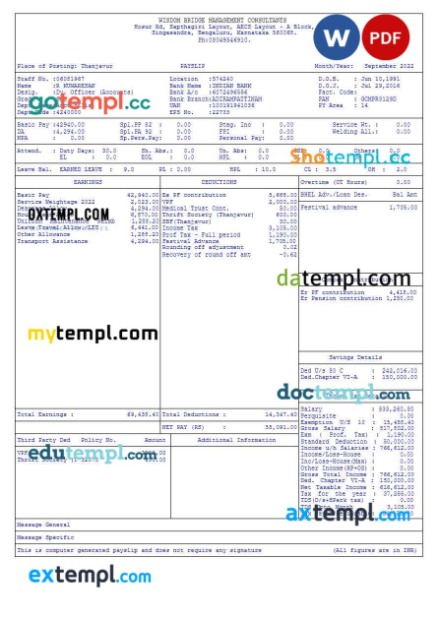 Wisdom Bridge Management Consultants payslip template in Word and PDF formats