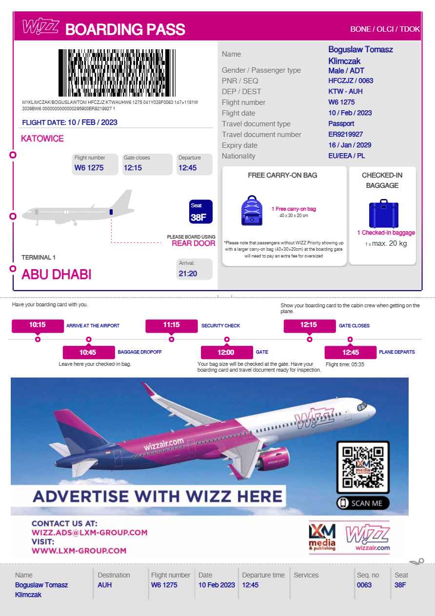 Wizz Air boarding pass in Word and PDF formats, version 2