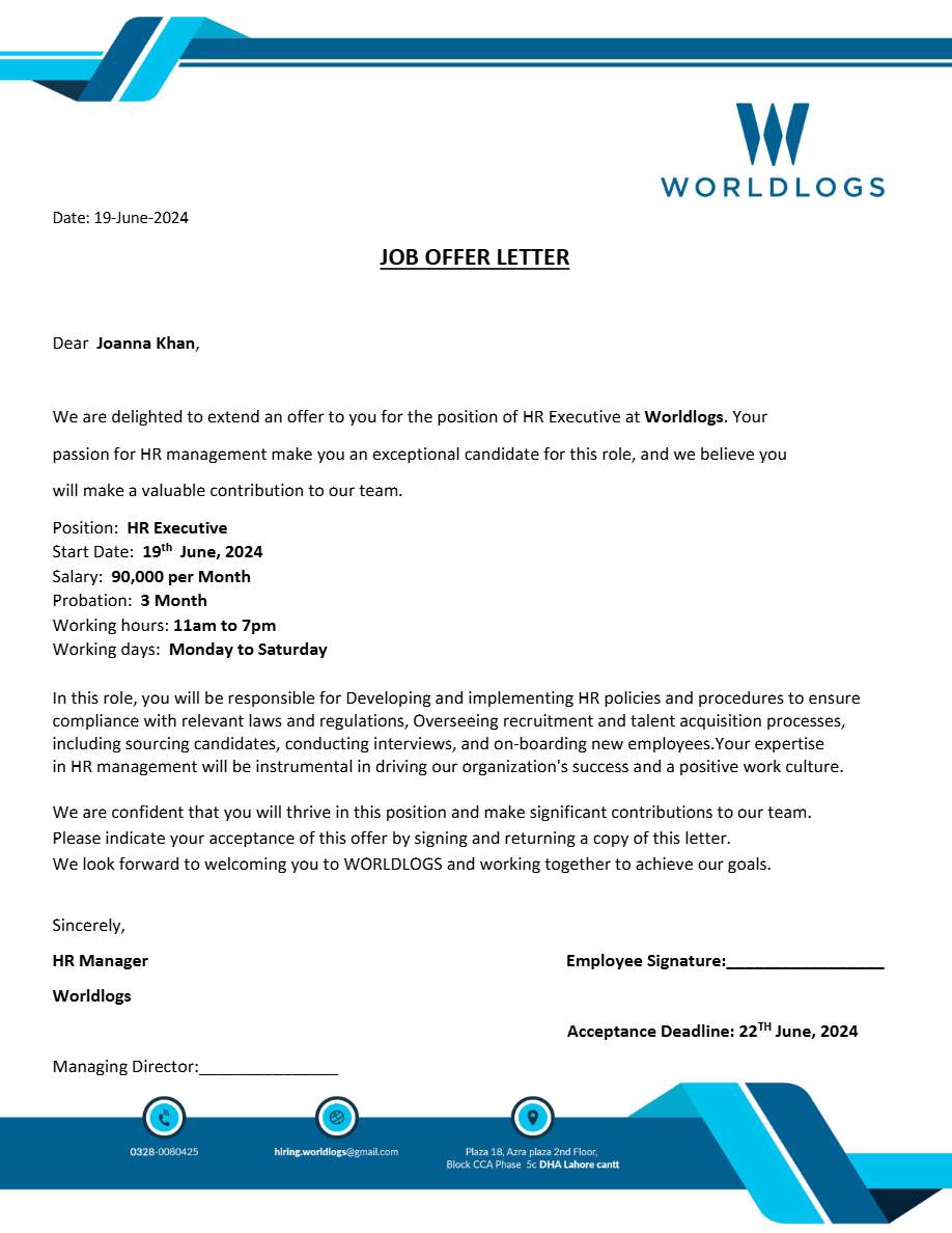 Worldlogs HR Executive offer letter in Word and Pdf formats