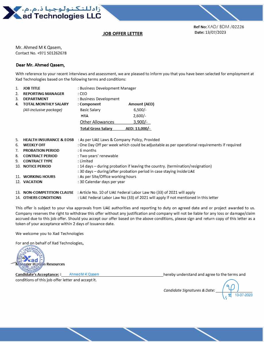 Xad Technologies LLC Business Development Manager offer letter in Word and Pdf formats