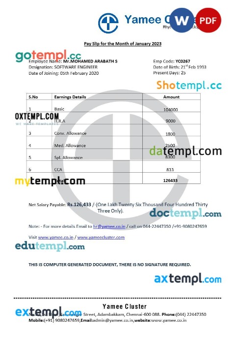 Yamee Cluster software company payslip template in Word and PDF formats