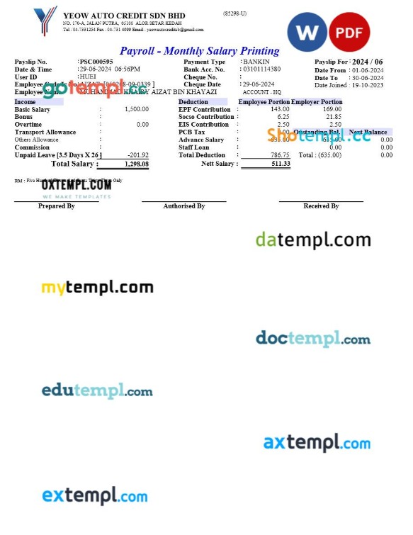 Yeow Auto Credit payroll template in Word and PDF formats