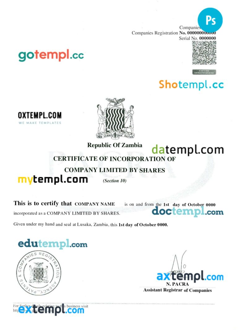 Zambia company registration certificate PSD template