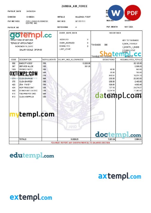 Zambian Air Force payslip template in Word and PDF formats