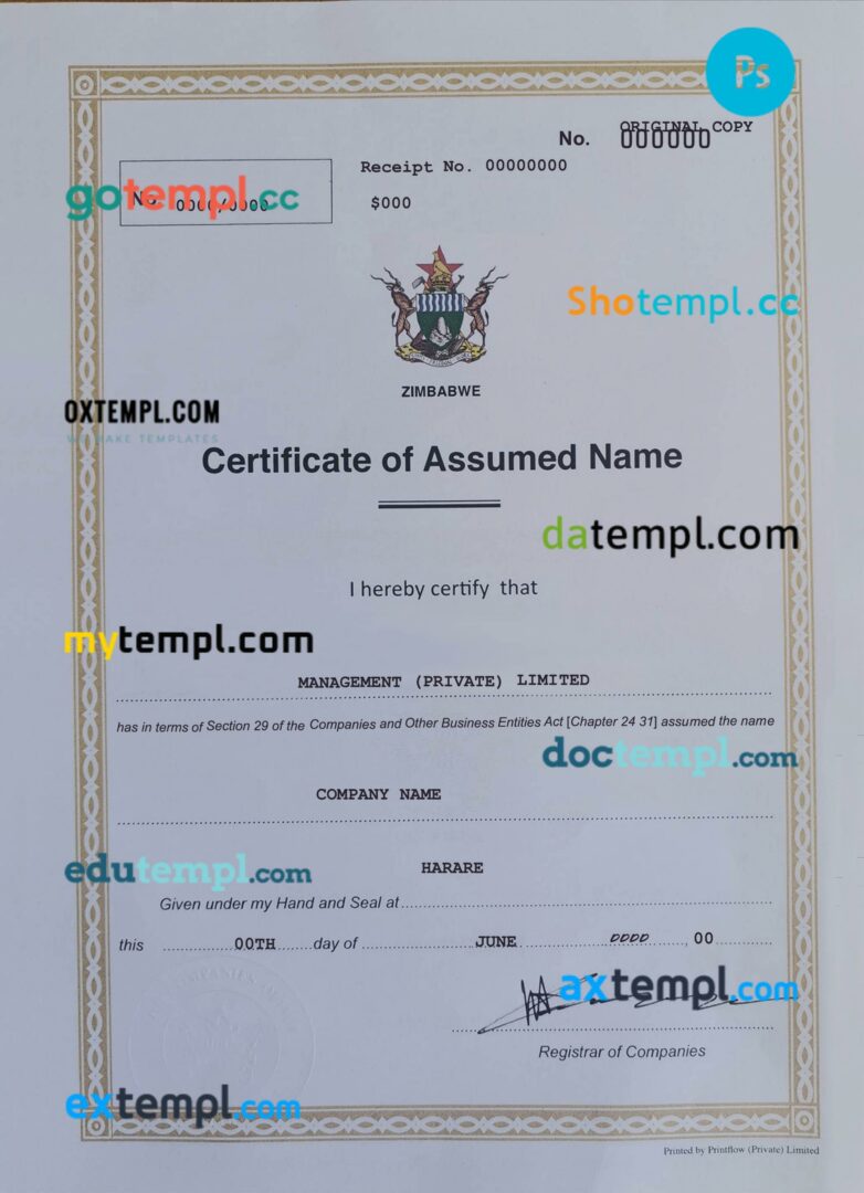 Zimbabwe business registration license PSD template