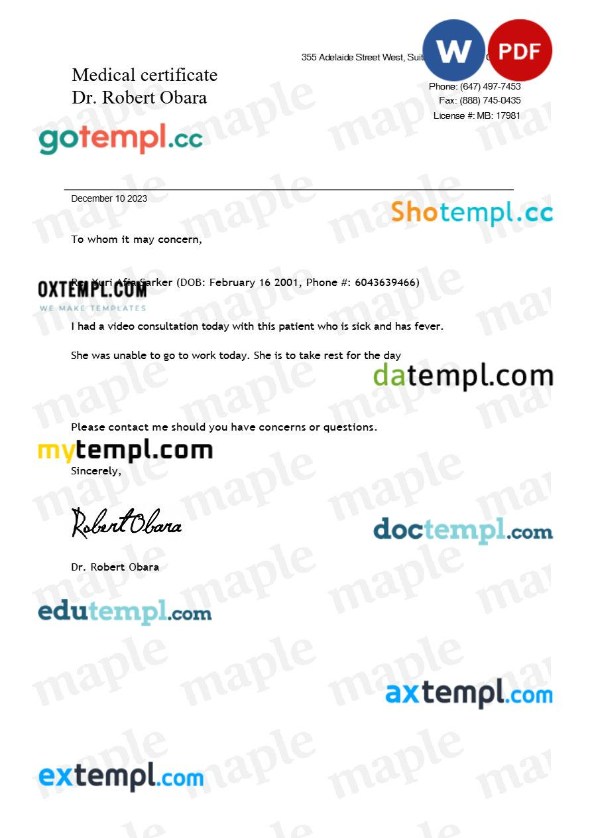 doctor note template Word and PDF formats