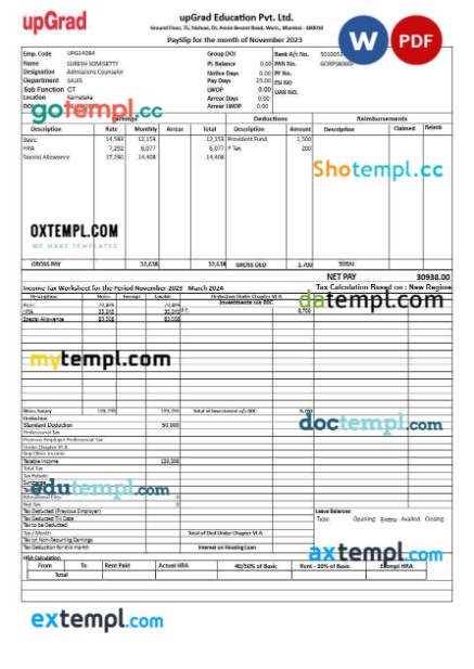 upGrad Educaton payslip template in Word and PDF formats