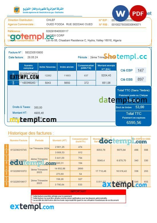 Algeria Societe Algerien Distribution internet business utility bill Word and PDF template