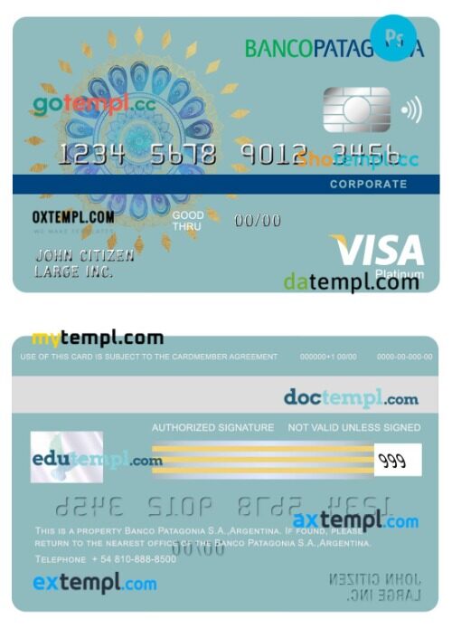 Argentina Banco Patagonia bank visa corporate card template in PSD format