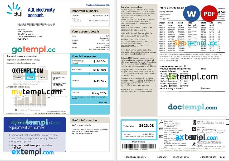 Australia AGL electricity account energy business utility bill, 3 pages, version 2