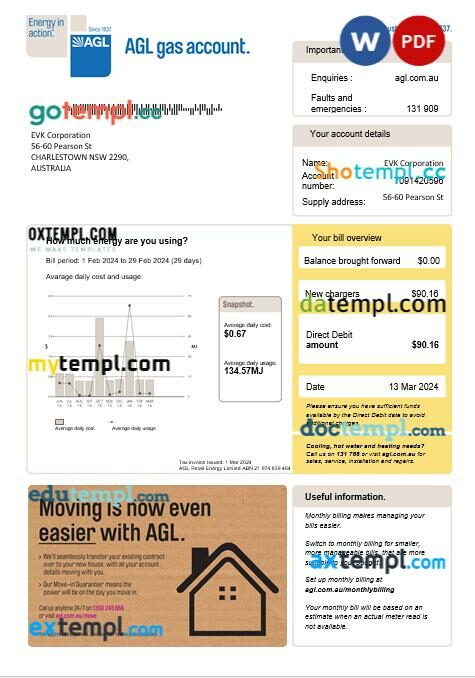 Australia AGL gas business utility bill Word and PDF template, version 2