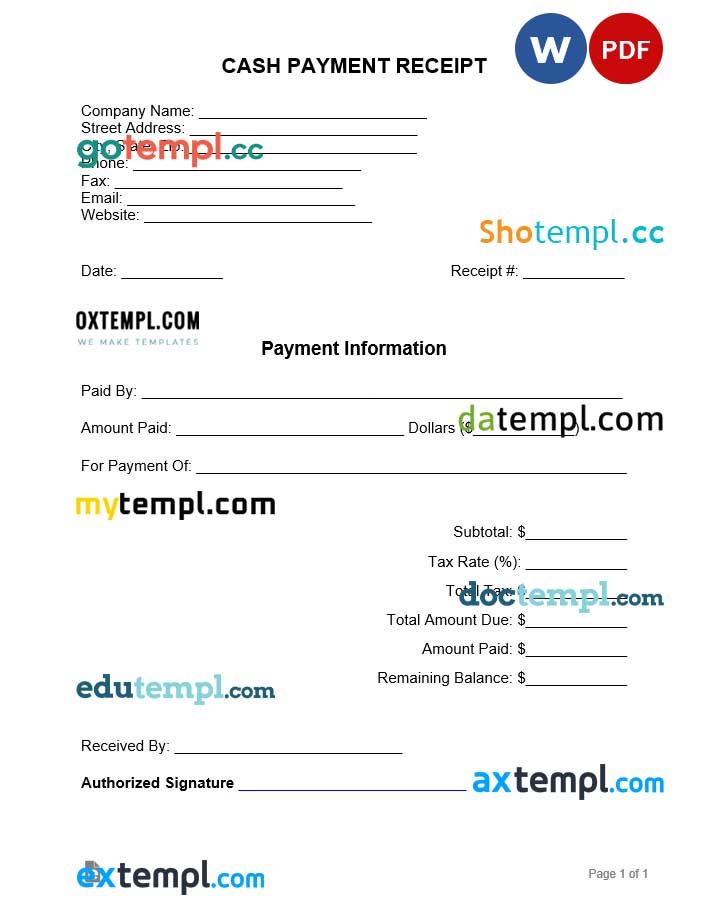 free download cash payment receipt example, Word and PDF format