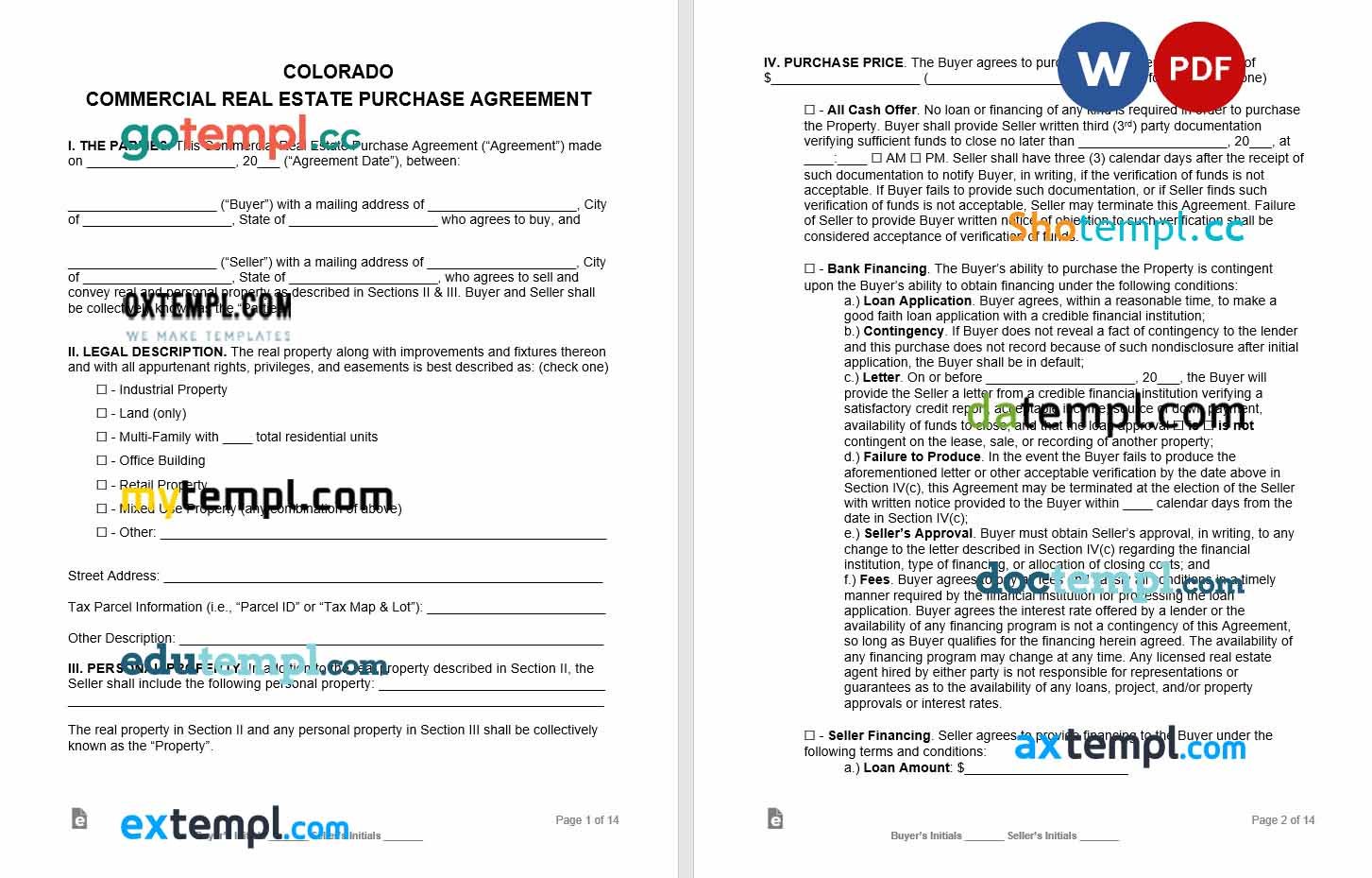 free download colorado commercial real estate purchase agreement example in Word and PDF format