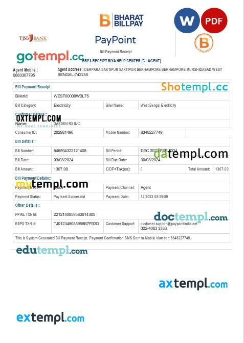 INDIA WEST BENGAL ELECTRICITY business utility bill Word and PDF template