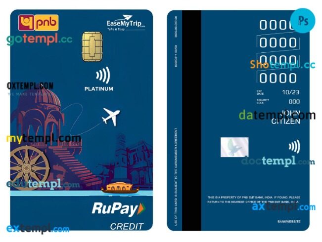India PNB EMT Bank RuPay platinum credit vertical card template in PSD format