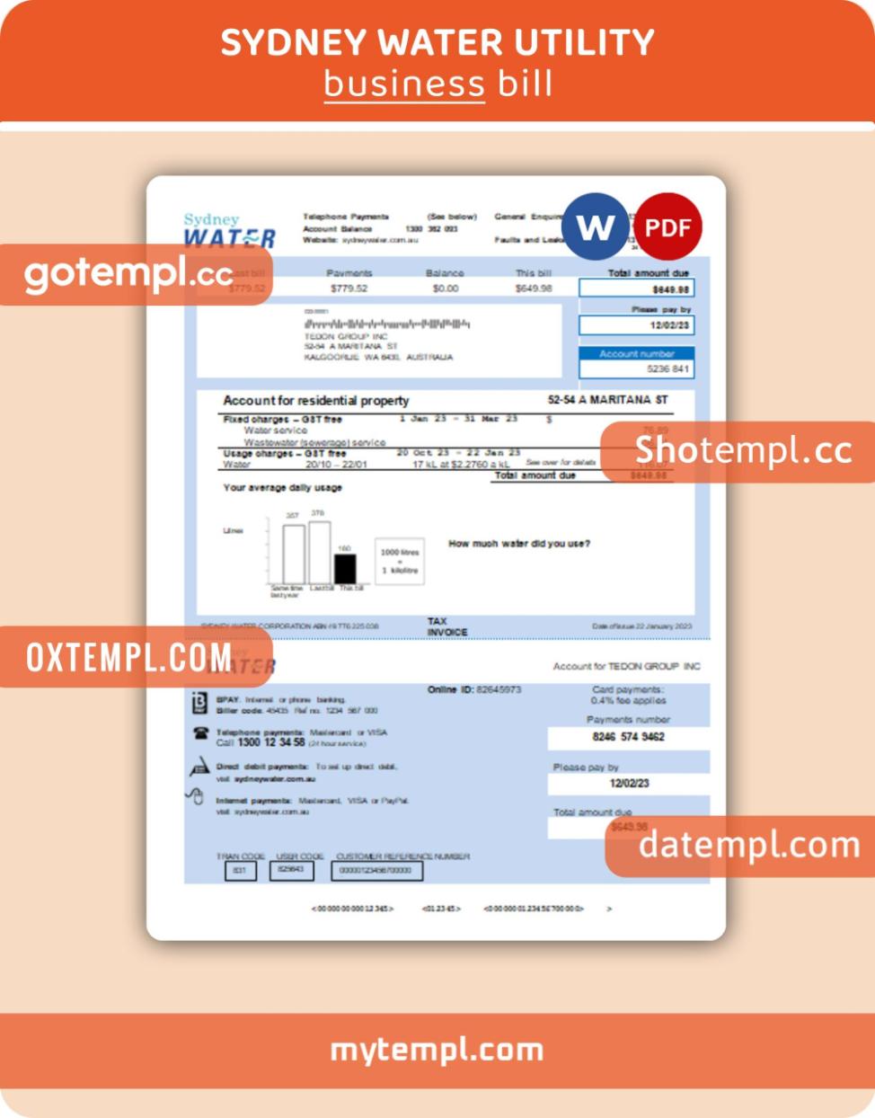 Australia Sydney Water business utility bill, Word and PDF template, 2 pages