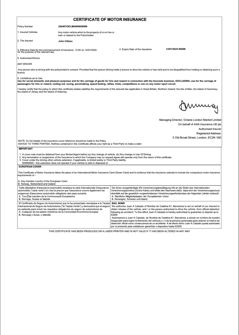 AXA Insurance UK certificate of motor insurance Word and PDF template, version 2