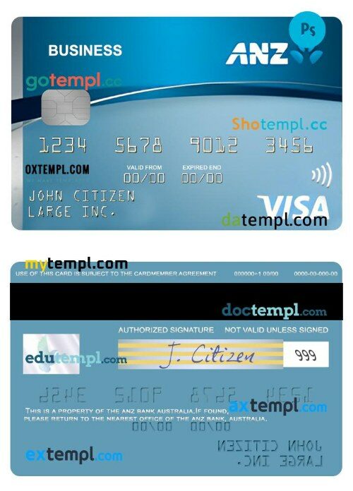 Australia ANZ Low Rate credit business visa card template in PSD format