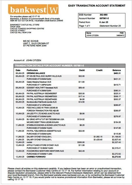 Australia Bankwest account statement Word and PDF template
