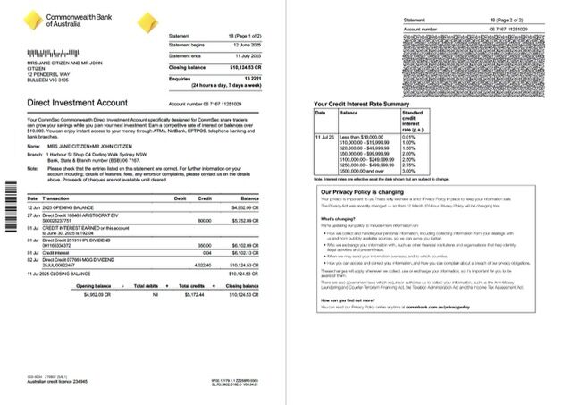 Australia Commonwealth account statement Word and PDF template, 2 pages
