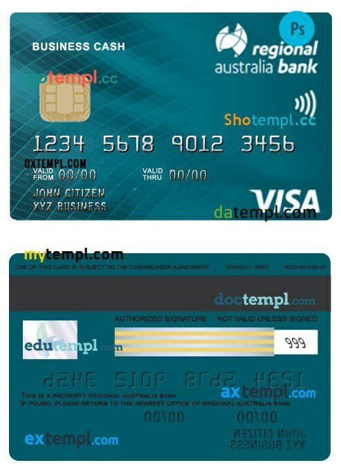 Australia Regional bank business cash visa card template in PSD format