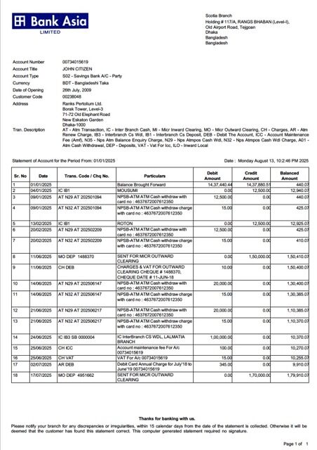 Bangladesh Bank Asia account statement Word and PDF template
