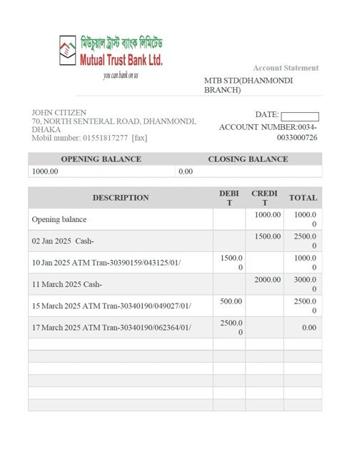 Bangladesh Mutual Trust Bank account statement Word and PDF template