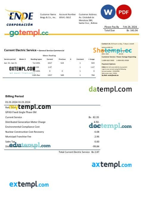 Bolivia ENDE Corporacion electricity business utility bill template in Word and PDF format
