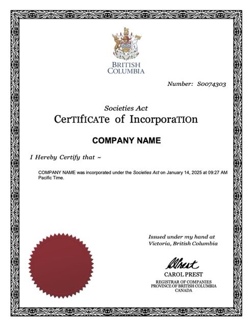 British Columbia certificate of incorporation Word and PDF template
