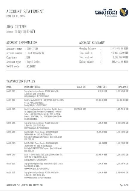 Cambodia ACLEDA Bank account statement Word and PDF template, version 2