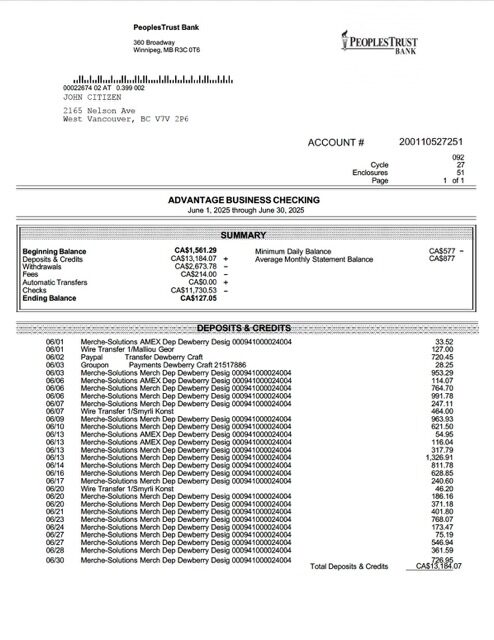 Canada British Columbia PeoplesTrust Bank business checking Word and PDF template