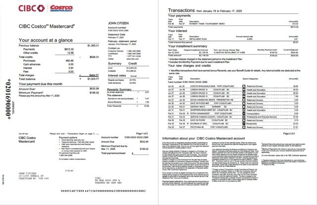 Canada CIBC Bank account statement Word and PDF template, 2 pages