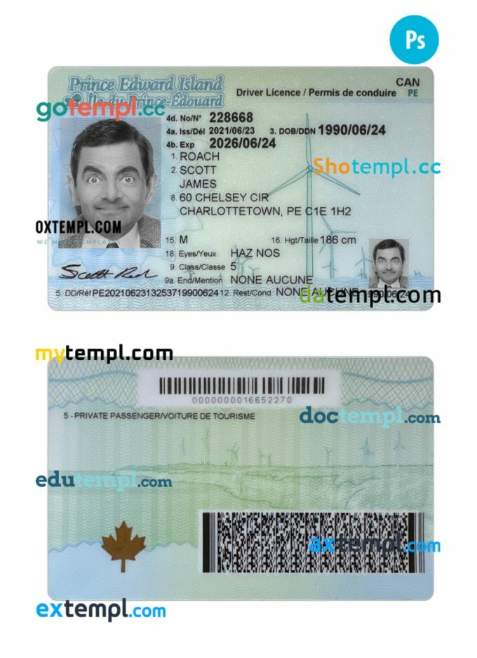 Canada Prince Edward Island driving license PSD editable template