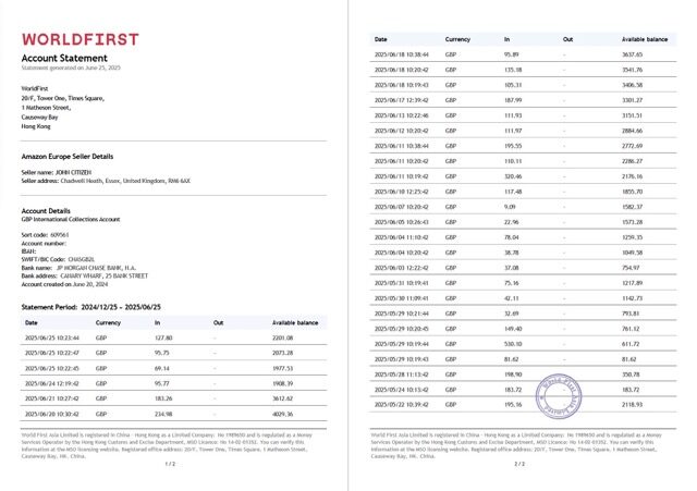 China Worldfirst account statement Word and PDF template, 2 pages