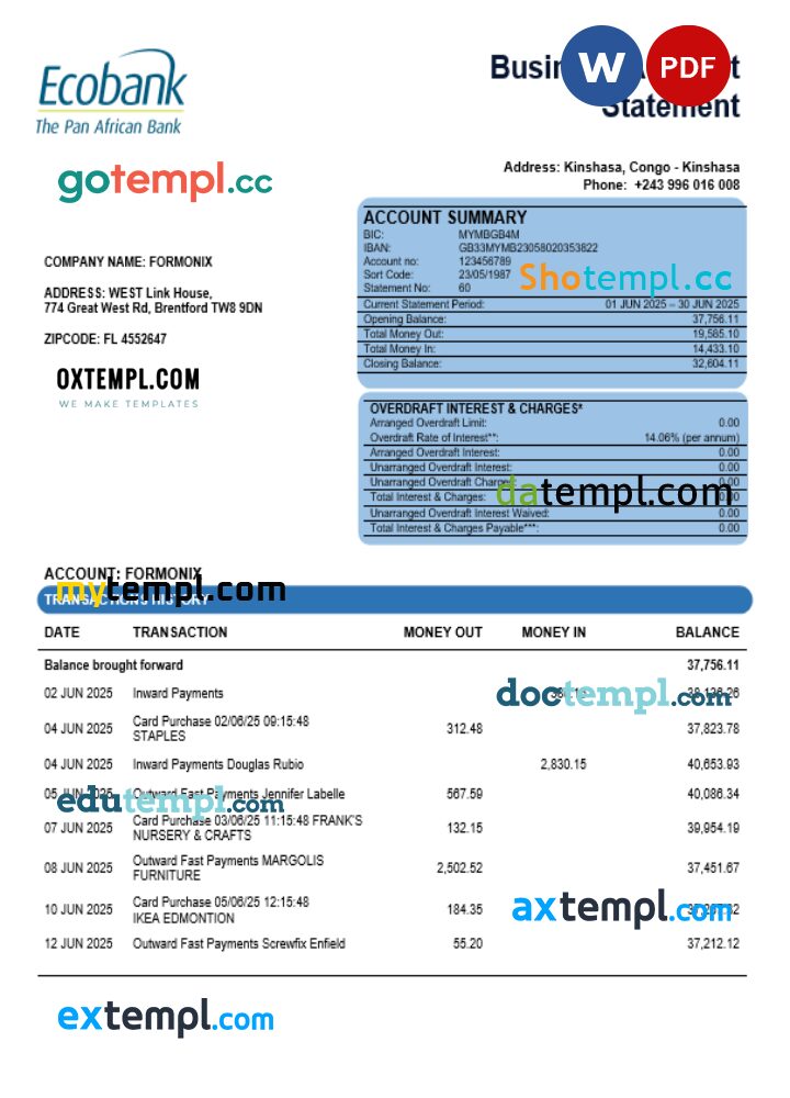 Congo Ecobank firm account statement Word and PDF template