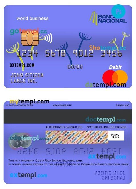 Costa Rica banco nacional bank world business mastercard template in PSD format