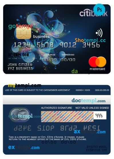 Côte d'Ivoire Citi bank business mastercard template in PSD format